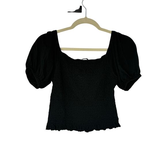 J.Crew Top XS Black Square Neck Cottagecore Spring 2022 Smocked Puff Sleeve - Picture 3 of 8
